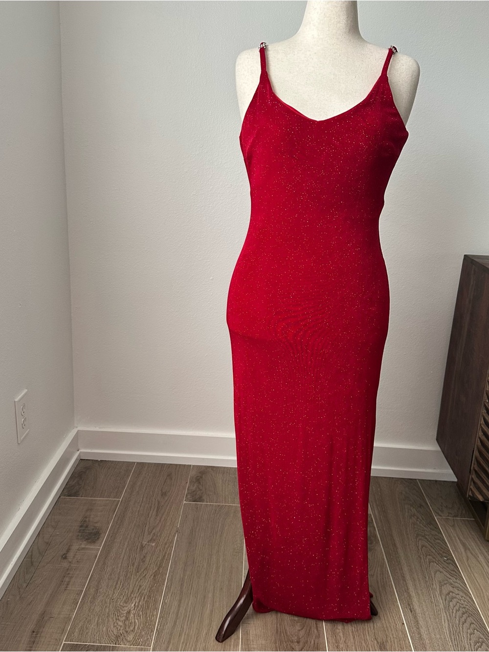 Vintage Betsy & Adam Red Sparkle Slip Low Back Evening Maxi Gown Glam